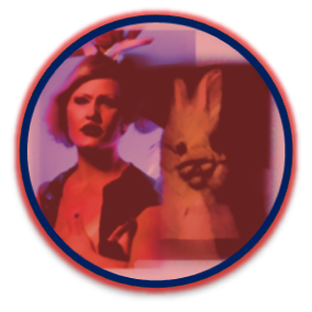 A red circular collage of a woman and a rabbit